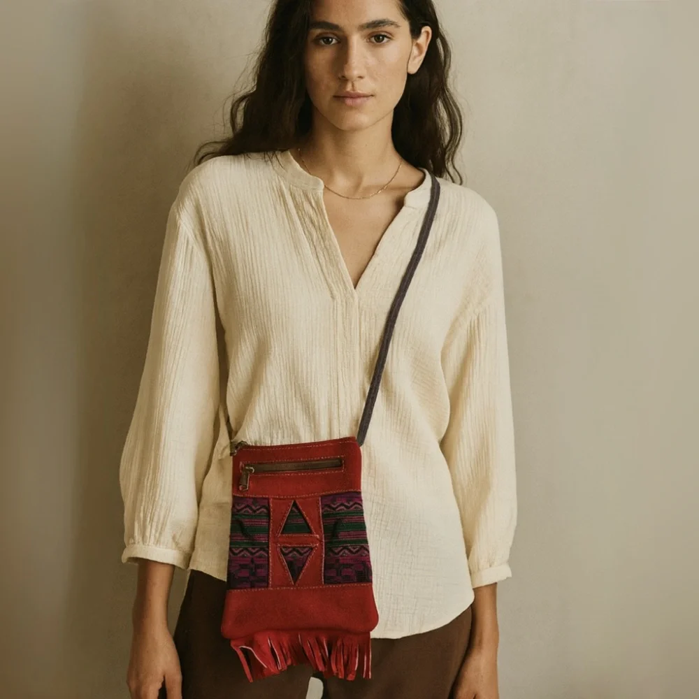 NWT Fair Trade Suede Fringe Boho Crossbody Festival Artisan Woven Bag